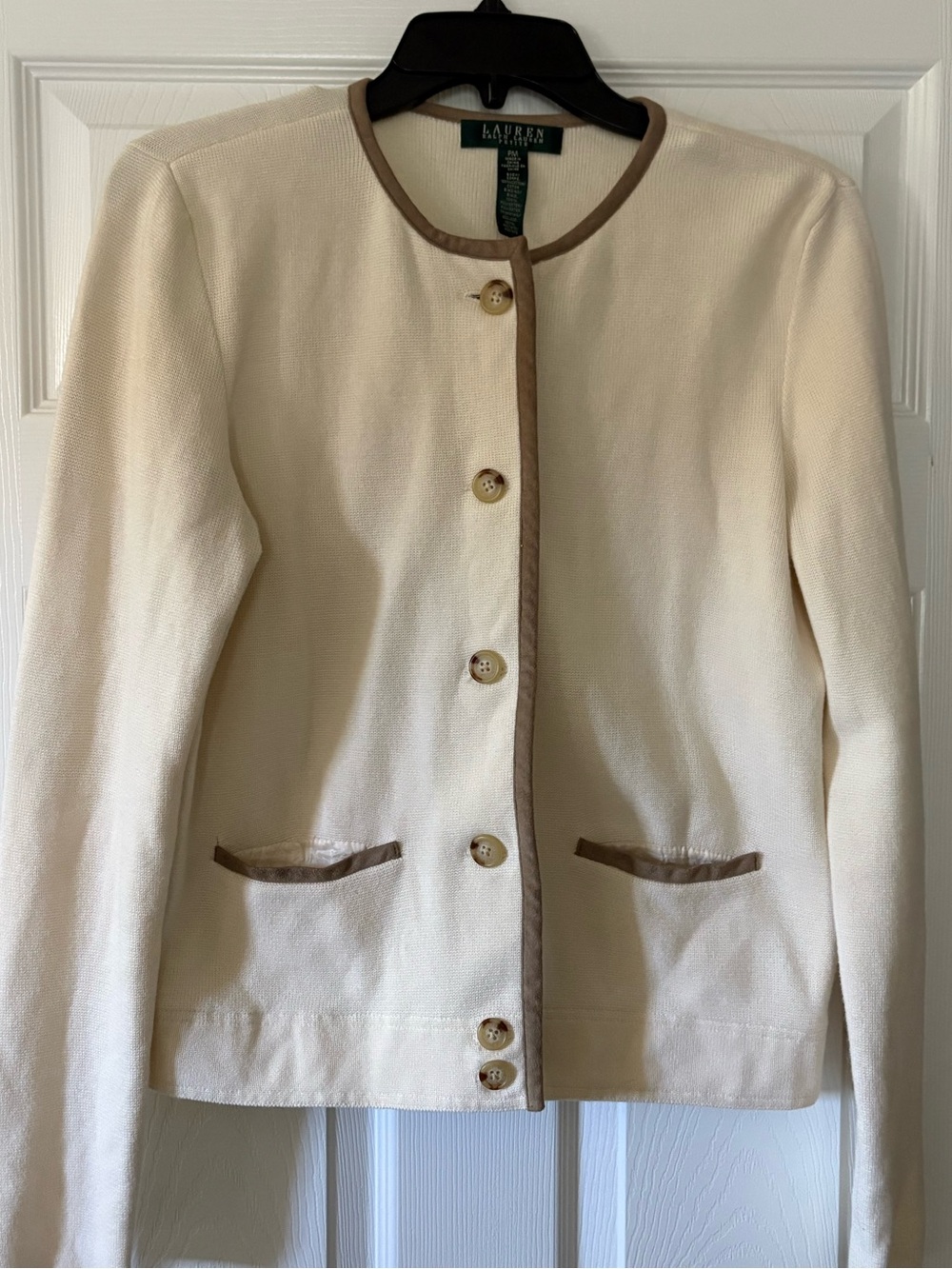 Vintage Lauren Ralph Lauren Cream Knit Cardigan with Faux Suede Brown Trim